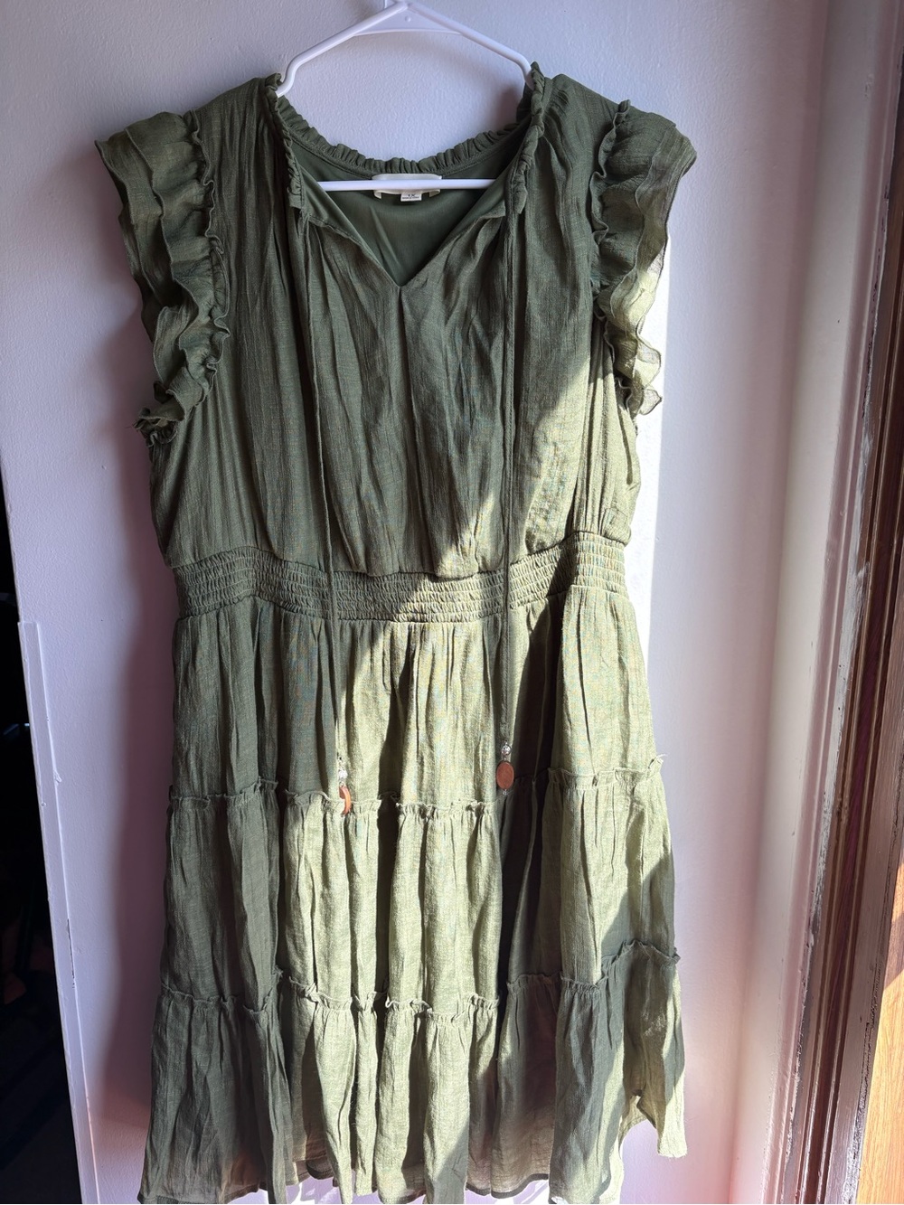 Olive Green Ruffle-Sleeve Tiered Midi Dress